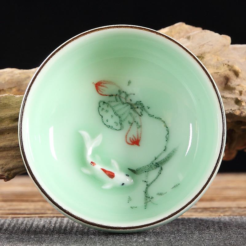 Juego de té chino de Kung Fu Celadon, tazas de té redondas planas de loto Pu'er pintadas a mano, tazas de té de loto de cerámica de carpa individual, 60ml,: 3