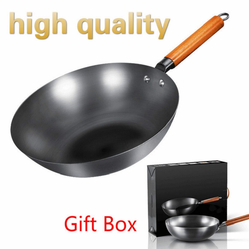 Låda kinesisk järn wok traditionell handgjord järn wok non-stick pan icke-beläggning induktion och gaskokare köksredskap
