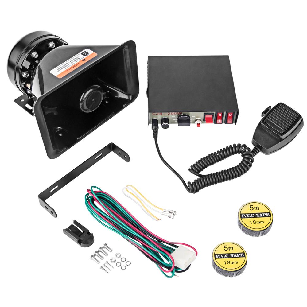 YHAAVALE Car Horn Loudspeaker 12V Police Siren 200W 9 Tones PA Warning System With Handheld Microphone & Loud Speaker CJB100P