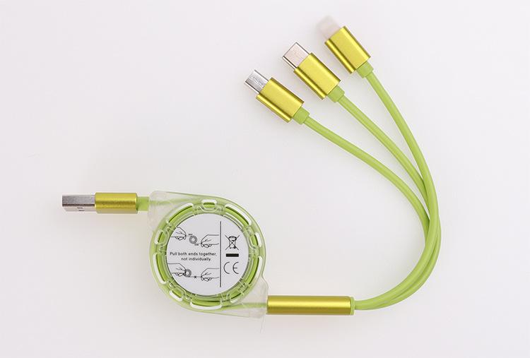 3 w 1 Multi USB chowany kabel ładowarki dla iPhone USB typ C android mikro linia: zielony