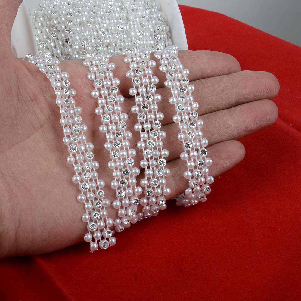 BOLIAO 1 Yard 15mm (9/16 &quot;) breedte ABS Imitatie Parel Kralen Ketting Trim en 4mm Ronde Steentjes Wedding Party Decoratie R2007