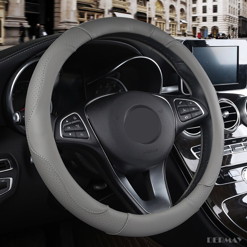 DERMAY Sport Style Contrast Color Non-slip Sweat Good Breathable PU Leatherette 15 Inch Car Steering Wheel Cover: Gray