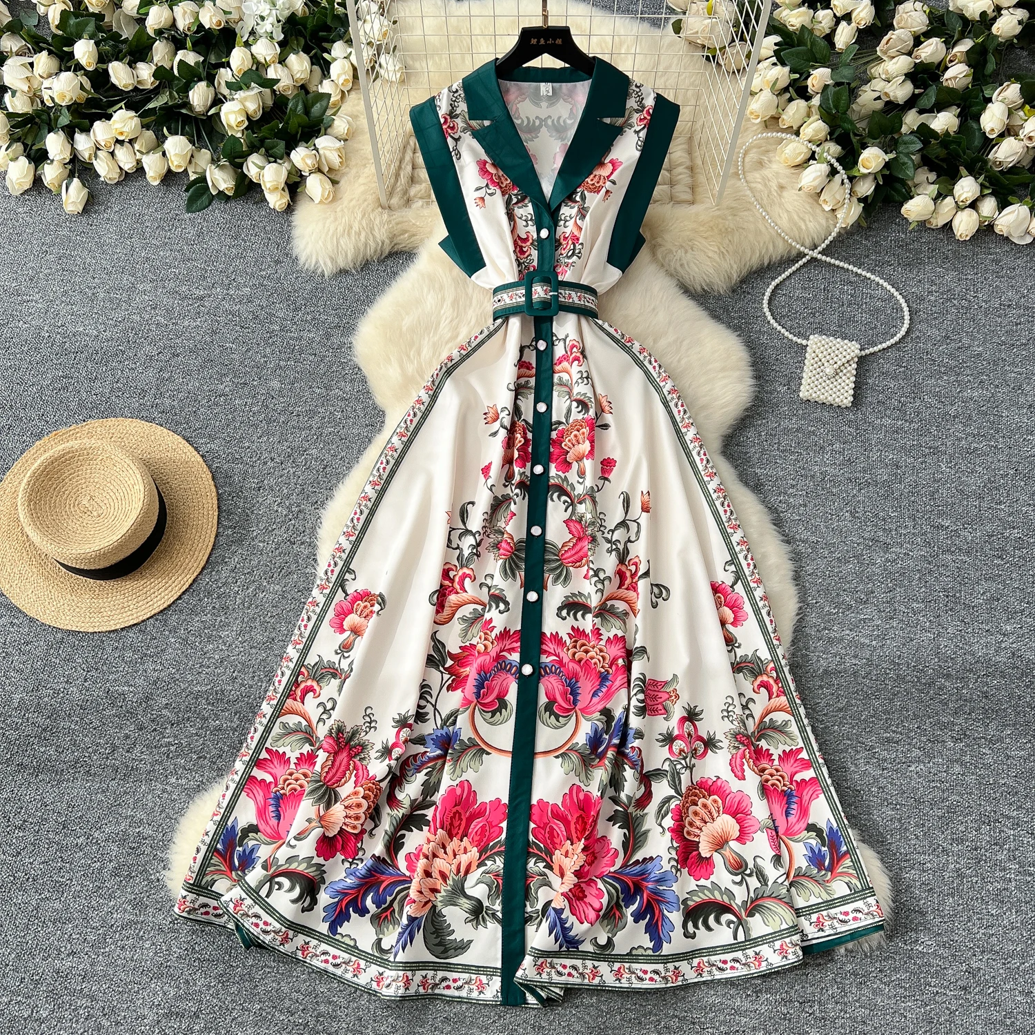 Print Single Breasted Sashes Vintage Notched Collar Sleeveless Slim Long Dresses Evening High Street Clothing: XL / green