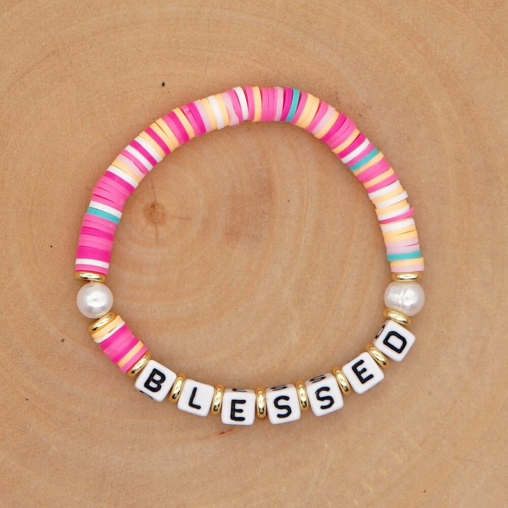 GO2BOHO Rainbow Polymer Clay Bracelets Heishi Disc Beads Bracelet Women Blessed Letter Summer Beach Pearl Pulsera Jewelry: QT-B200146B