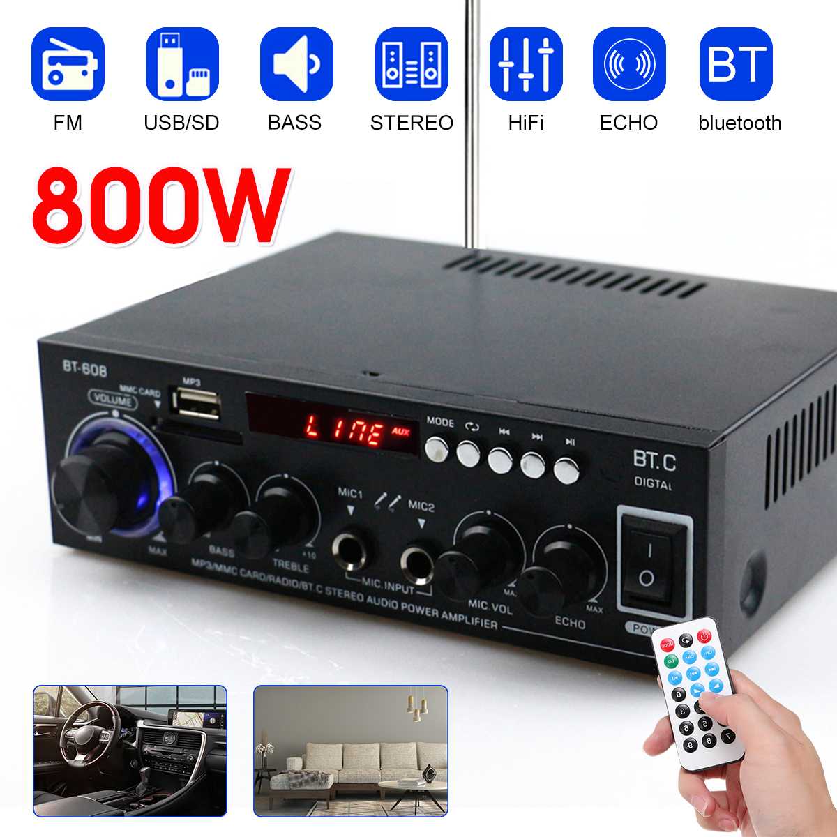 110V/220V LED Light Home Sound Amplifier bluetooth Home Theater Amplifiers HiFi Stereo Speakers Support FM Radio TF Card Audio