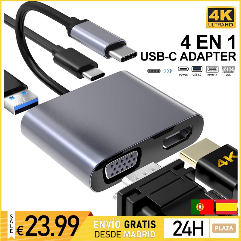 Usb c to vga hdmi 4k 4 in 1 adapter usb 3,0/ usb c pd hub compatible with macbook pro/air, nintendo, dell, hp, samsung, switc