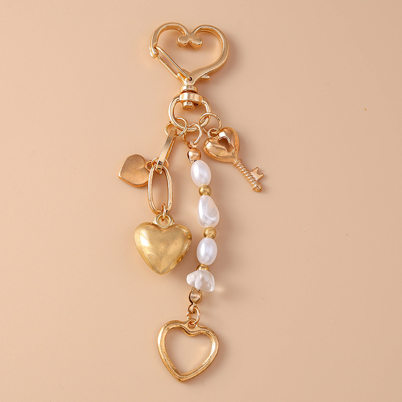 Lindo llavero de corazón de amor de Metal llavero de perla para mujer chica bolso colgantes DIY accesorios de joyería hechos a mano: Beige
