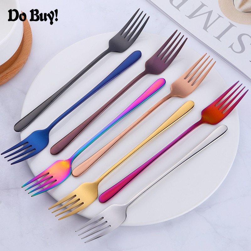 1 Pcs Diner Vork Rvs Korea Kleurrijke Dessert Vork Met Lange Steel Rose Gold Home Keuken Servies