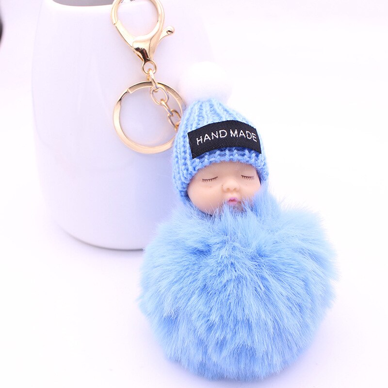 ISINYEE Leuke Slapen Babypop Sleutelhangers Voor Vrouwen Bag Speelgoed Sleutelhanger 8 cm Pluizige Pom pom Faux Bont Sleutelhanger Trinket Sieraden: blue