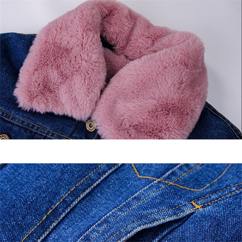 Børn varm denim jakke med pelskrave til piger vinterfrakke denim jakke med pels småbørn pige vinter uldtøj 4-13