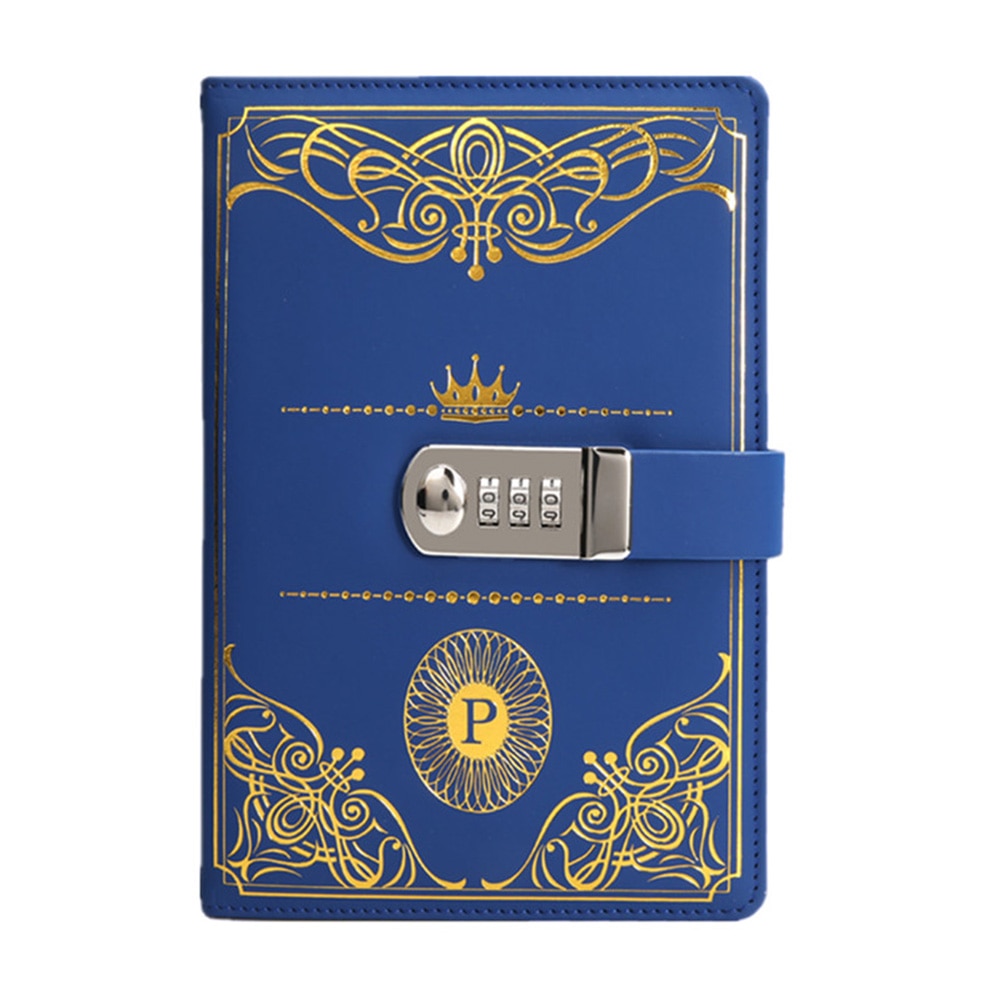 1PC Vintage Style PU Cover Diary Notebook Journal Notepad With Code Lock Vintage Secret Book European Luxury Lock Notebook: Blue