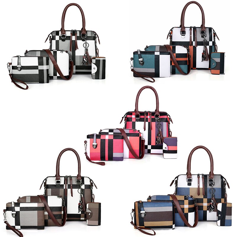 Gradosoo Plaid Patroon Handtassen 4 Sets Vrouwen Lederen Portemonnee en Handtas Bag Vrouwelijke Kwastje Schoudertas Vrouwen Crossbody Tas LBF651