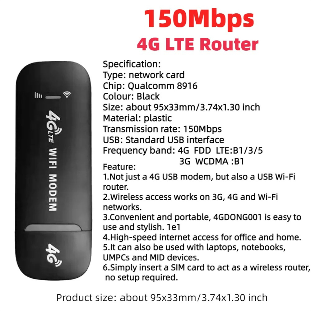 Router WiFi Mobilny 4G 150Mbps 4G LTE Bezprzewodowy Modem USB Dongle Karta SIM Kieszonkowy Hotspot WiFi Szerokopasmowy do Domu Biura