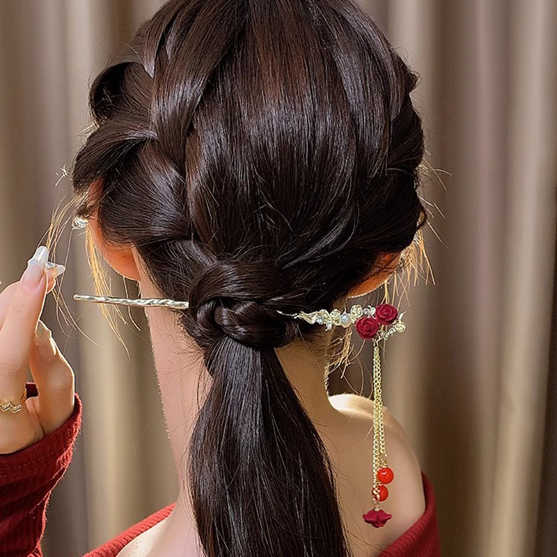 Röd ros tofs hårspinnar kvinnor antik pärla hårnål kvinnlig hårgaffel panna hår ätpinnar huvudbonad alla hjärtans dag