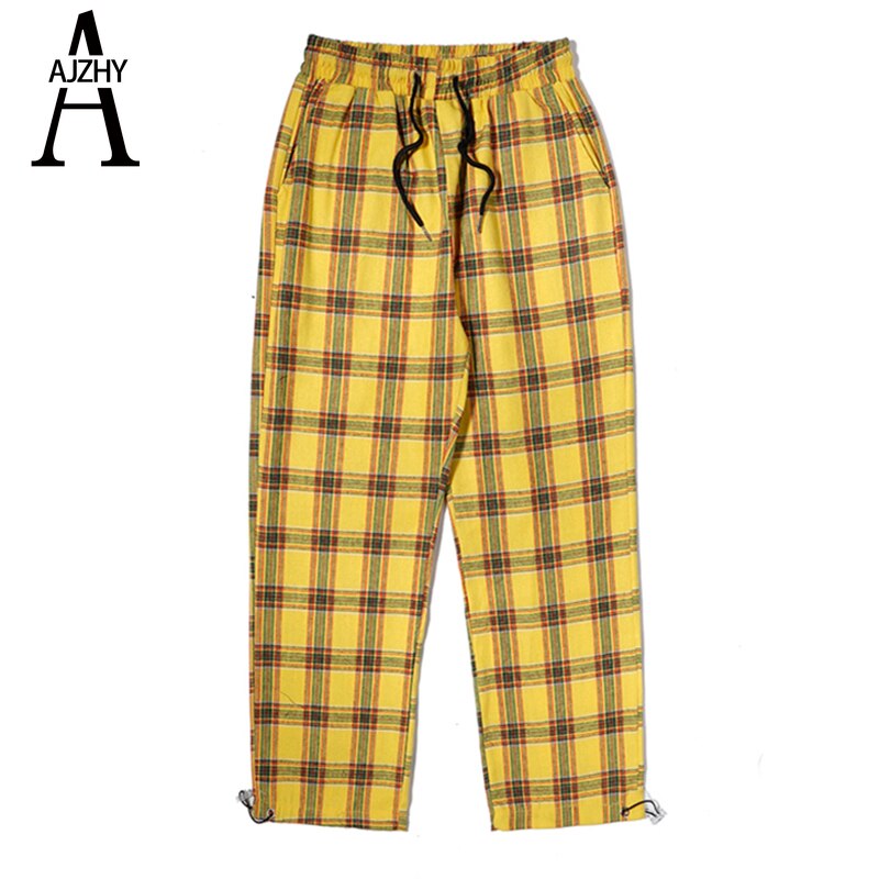 Mannen Plaid Casual Harembroek Katoen Koreaanse Man Losse Enkellange Broek Harajuku Streetwear Mannelijke Kleding joggers: L / YELLOW