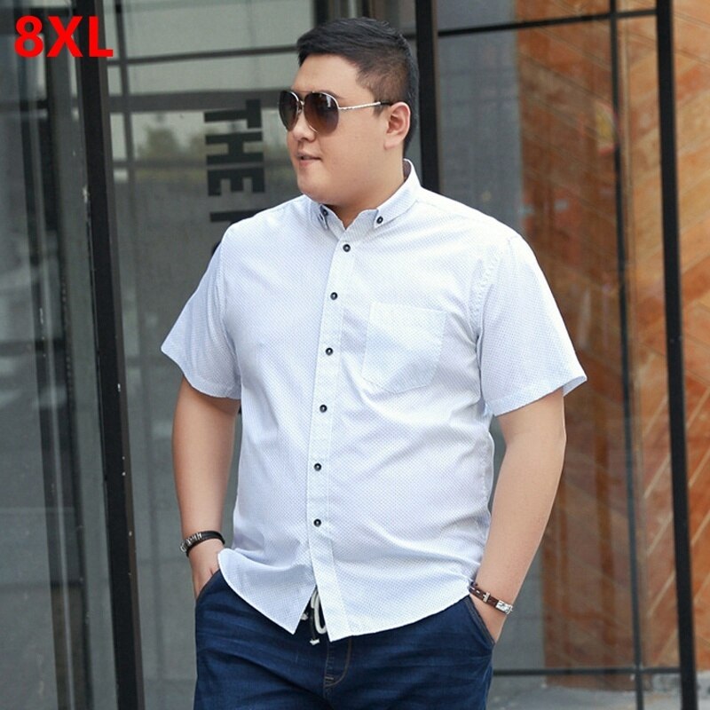 Sommer fete kortermede menn business casual stor størrelse skjorte tynn polkaprikket hvit 8xl 7xl 6xl 5xl 3xl 4xl