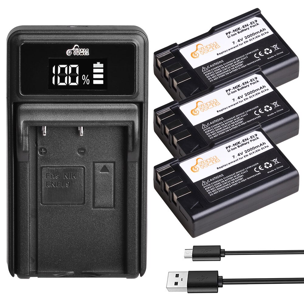 EN-EL9A Confezione 2 Batterie 1900mAh Con Caricatore USB Doppio LCD Per Nikon D40, D60, D3000, D5000