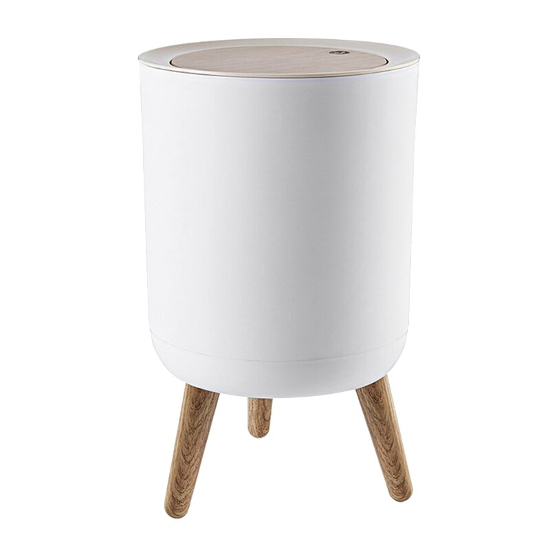 Praktische huishoudelijke prullenbak met deksel en drukmechanisme voor woonkamer, toilet, badkamer en keuken, scandinavische stijl, hoge prullenbak met imitatiehoutnerf.: Default Title
