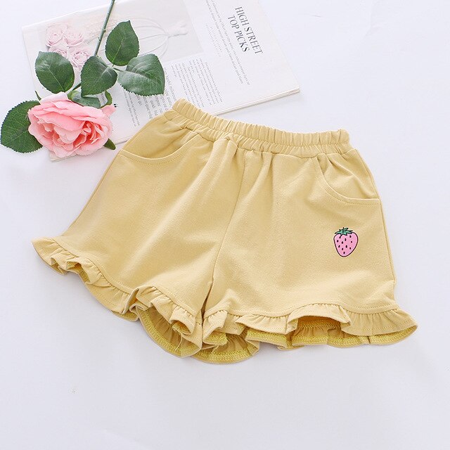Shorts d'été en coton pour filles | Pantalons en coton à taille élastique, style fraise, décontractés, Shorts pour filles de 2, 3, 4, 5, 6 ans,: Jaune / 5T