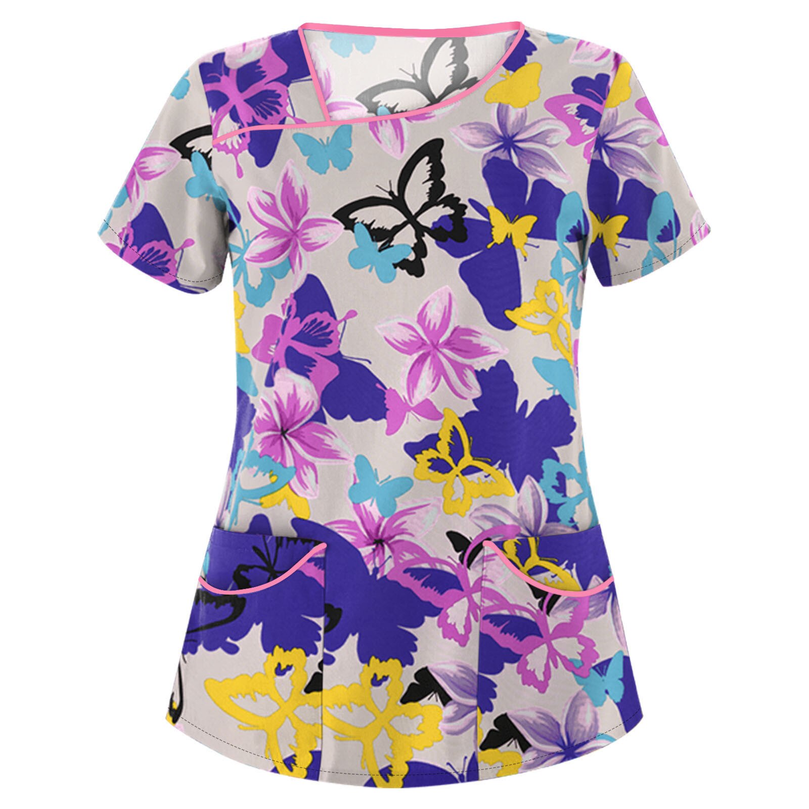 #Ac46 Women Butterfly Print Short Sleeve Neck Tops Working Uniform Women Blouse Shirt Nurse Uniform Медицинская Одежда: Purple / XL