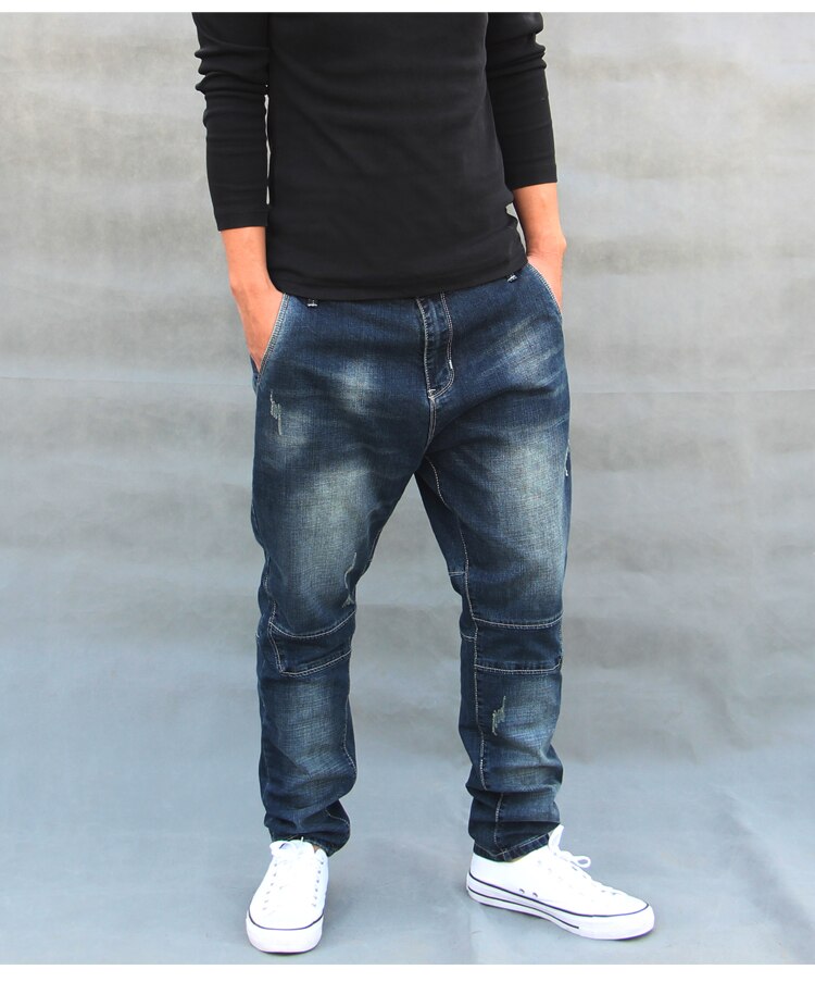 Plus size Male Low Crotch denim Harem Skateboard Pants Men baggy hanging crotch Joggers Men loose street dance jeans FSH10