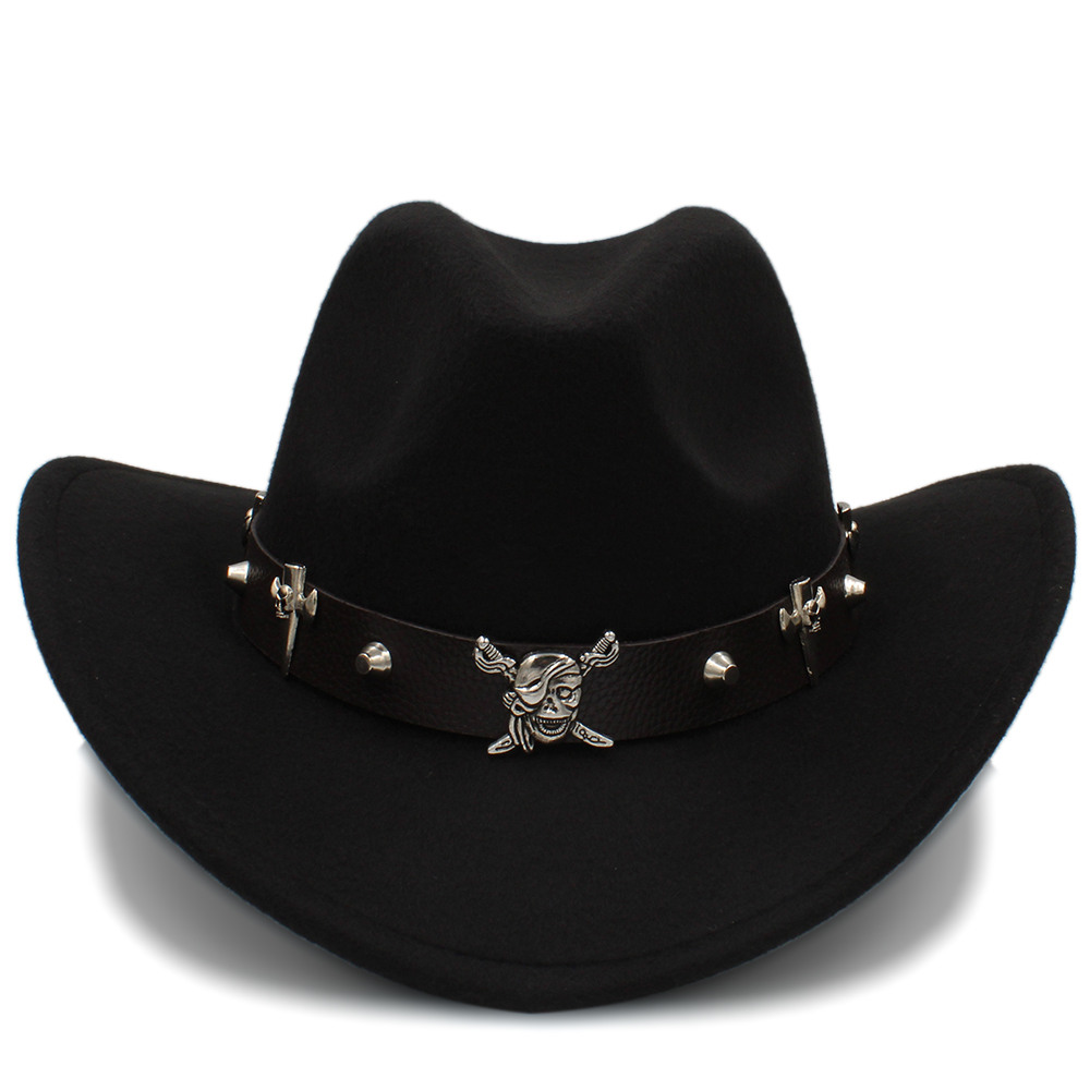 Kvinder mænd uld hule vestlige cowboy hat pirat læder bælte herre far jazz ridning sombrero hombre cap størrelse 56-58cm: Sort