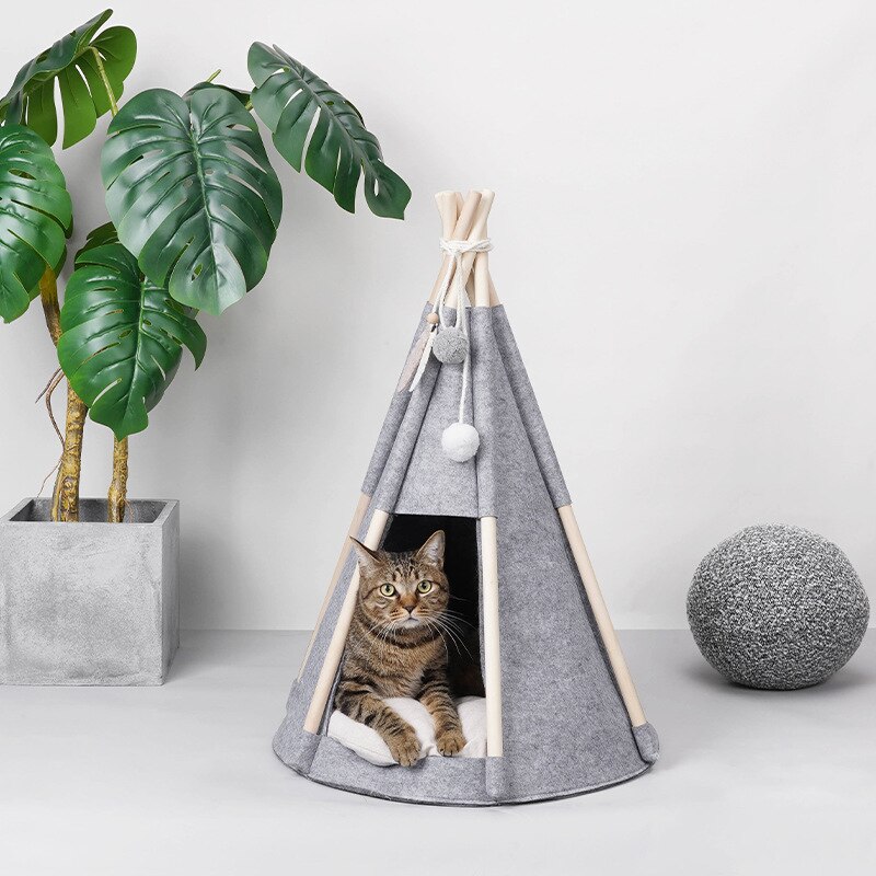 Pet Tent Bed, Pet Teepee Dog Cat Bed with Thick Pad, Dog Supplies Felt Pet Bed, Portable Foldable Durable Pet