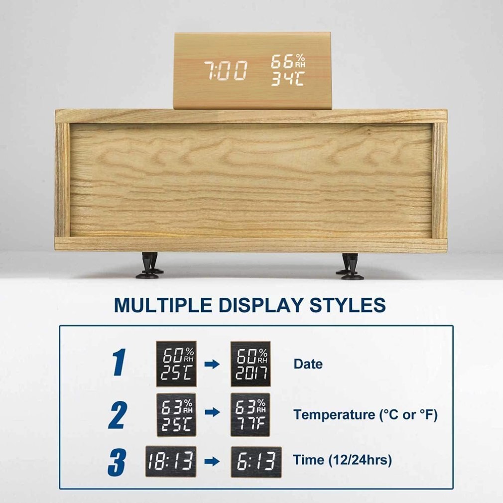 Vochtigheid En Temperatuur Wekker Driehoek Digitale Babykamer Houten Klok Mute Lichtgevende Led Elektronische
