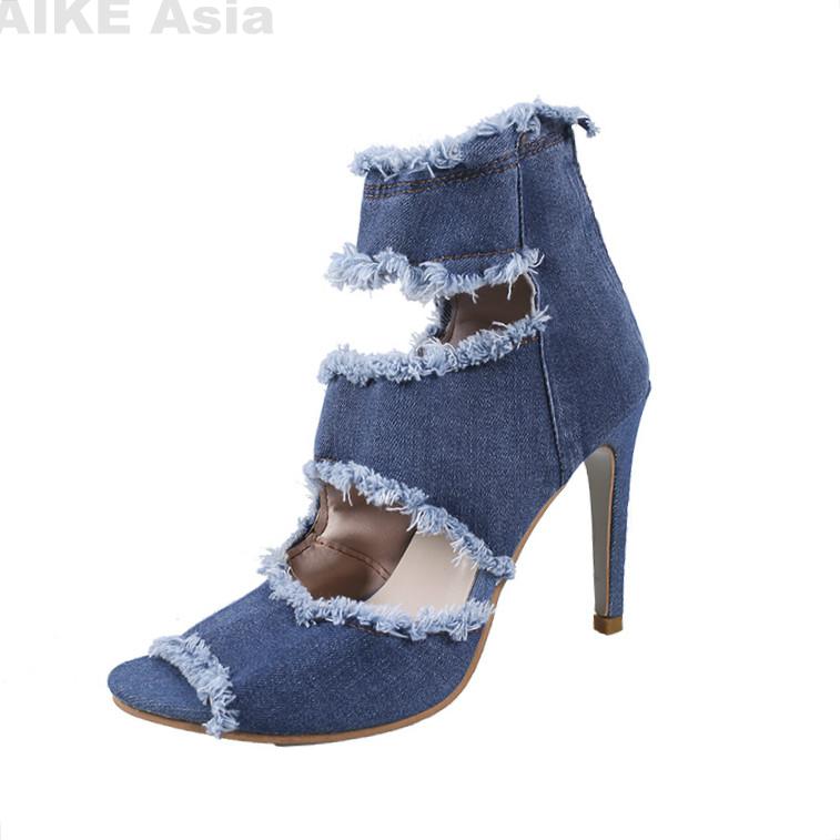 Peep Toe Gladiator Schoenen Vrouwen Pompen Denim Hoge Hakken Uitsparing Stiletto Zip Dunne Hakken Partij Schoenen Blauw Super Hoge n35