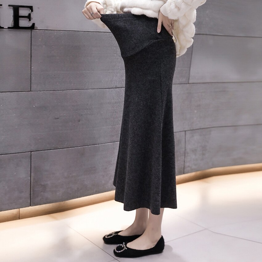 Falda larga de punto para mujer embarazada, Vestido largo de maternidad, de otoño e invierno,: Gris oscuro / L