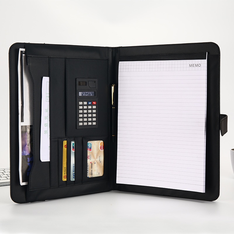 A4 Portable File Folder With Calculator Multifunction For Document Organizer Manager Business PU Leather Briefcase Padfolio Bag