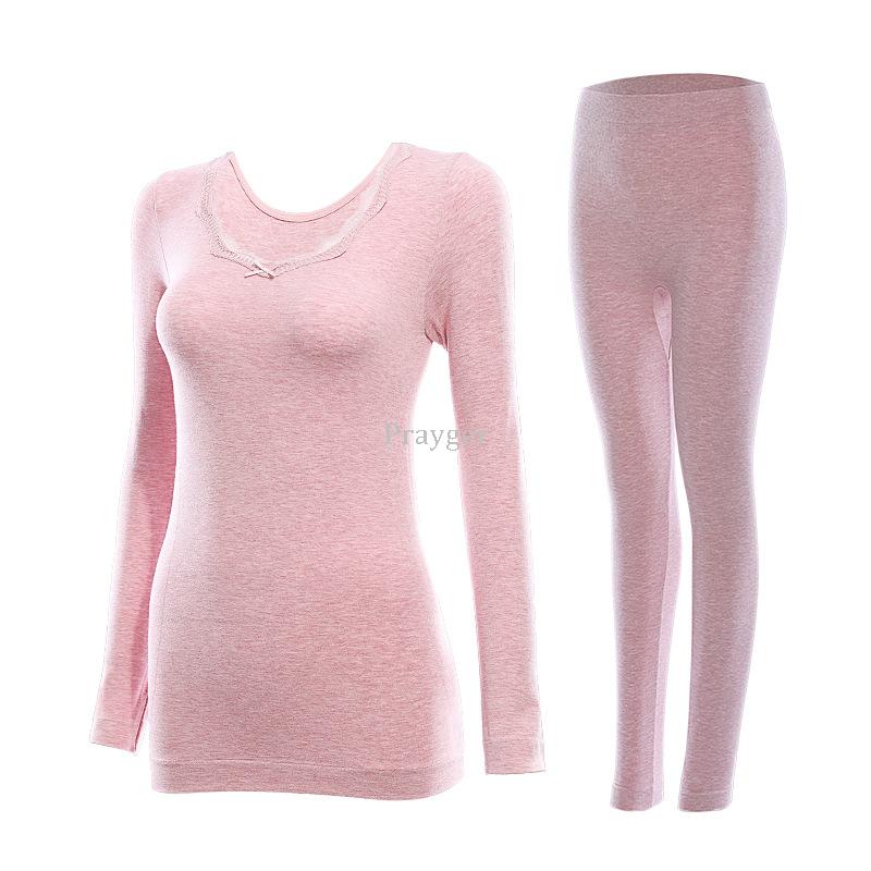 Women Thermal Underwear Body Warm Long Jhons Cotton Thin Slim Sleeves O Neck Tops Buttoms Sets: Gray