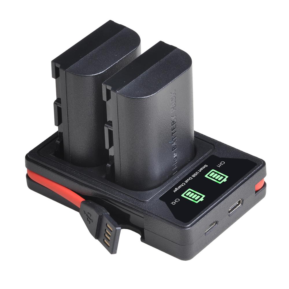 2 st lp  e6 lpe 6 lp-e6 batteri + led dubbel usb-laddare med typ-c-port för canon eos 5ds r 5d mark  ii 5d mark iii 6d 7d 80d