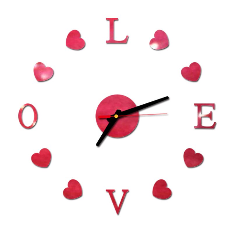 LOVE AND HEART Wall Clock 3D DIY Acrylic Mirror Stickers Clock Watch Living Room Bedroom Home Decor Large Silent Elreloj Mural: Red