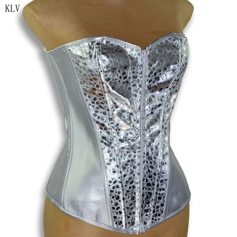 Women Sexy Gothic Shiny Silver Boned Corset Faux Leather Overbust Bustier Front Zipper Lace-Up Waist Cincher Clubwear