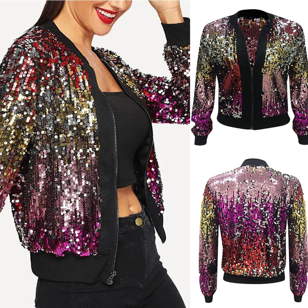 Pailletten Jacke Weibliche Neue Frauen lässig Farbe Strickjacke Jacke Reißverschluss Vorne Offen Jacke Casaco Feminino