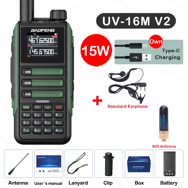 Upgrade Baofeng UV16M V2 Walkie Talkie 15W High Capacity AM FM 2-Way Radio Full Band LCD 999CH Frequency Copy NOAA Noise Reduce: PURPLE