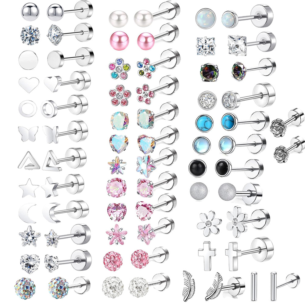2PCS/Set Stainless Steel Heart Moon Earbone Stud Screw Ball Stud Earrings for Women Ear Tragus Cartilage Body Piercing