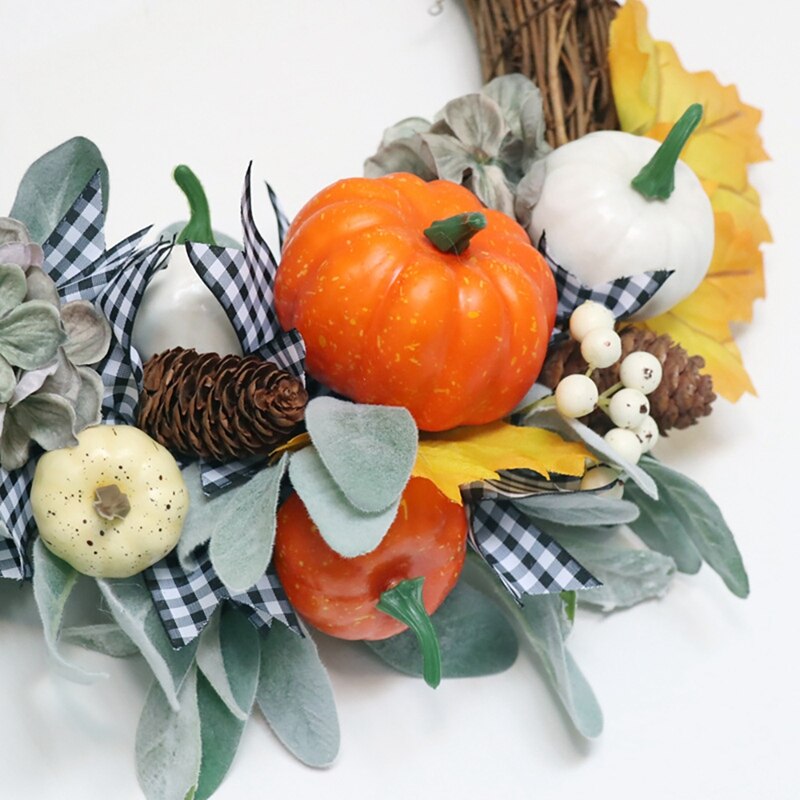 Artificial Fall Wreath, Autumn Wreath with Leaves Pumpkin Pine Cone and Berries, for Front Door Thanksgiving Decoration