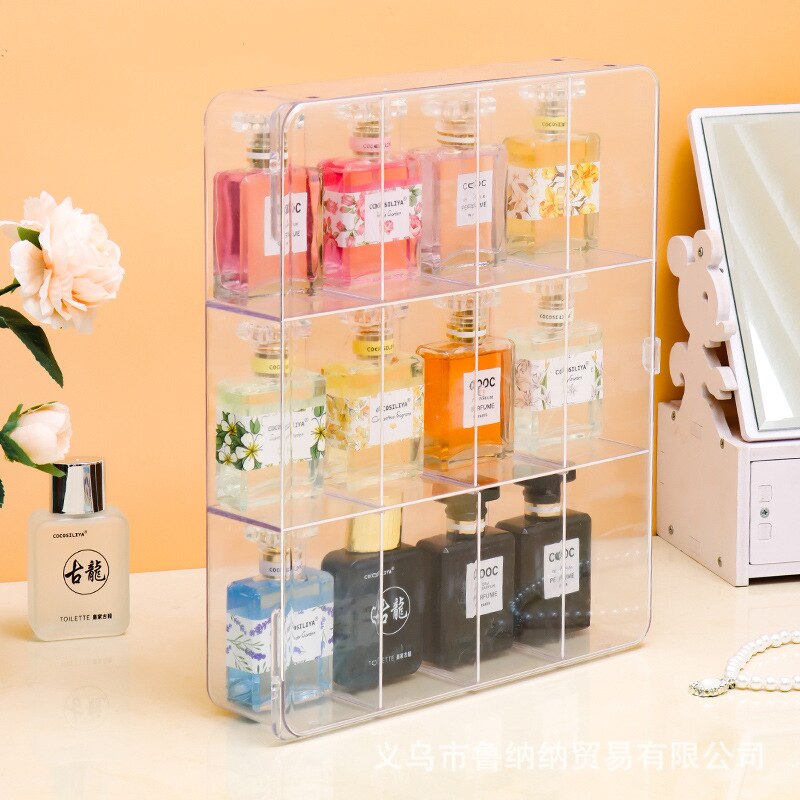 Split Grid Perfume Storage Box Display Cabinet Desktop Dustproof Box with Door Transparent Enlarged Nail Polish Storage Box