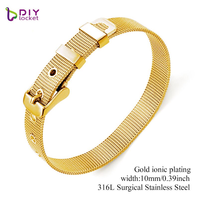 8mm/ 10mm Stainless Steel bracelet bangles Wristband Accessory Fit for Slide Letters Charms LSBR01-02: 10MM Gold