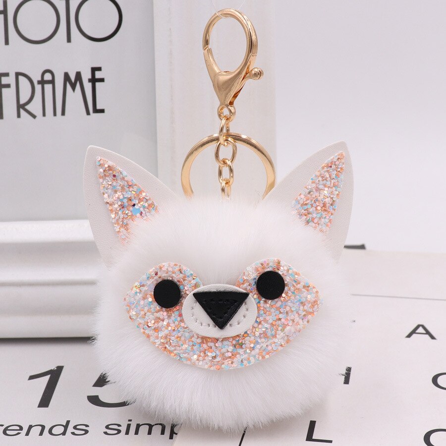 Automne et hiver Style Jade visage renard sac porte-clés modèle Pom-pom porte-clés porte-clés femmes sac pendentif: 12 White  Gold Tone Chain Buckle