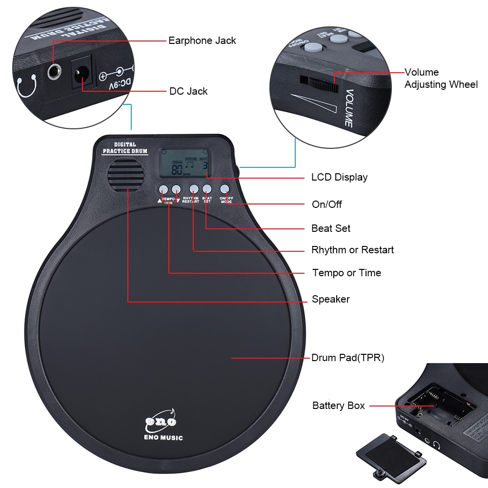 ENO Electric Digital Practice Drum Pad DEM-40 Multifunction 3 in 1 Portable Drums Drum Set Handpan Drum Accessories Percussion