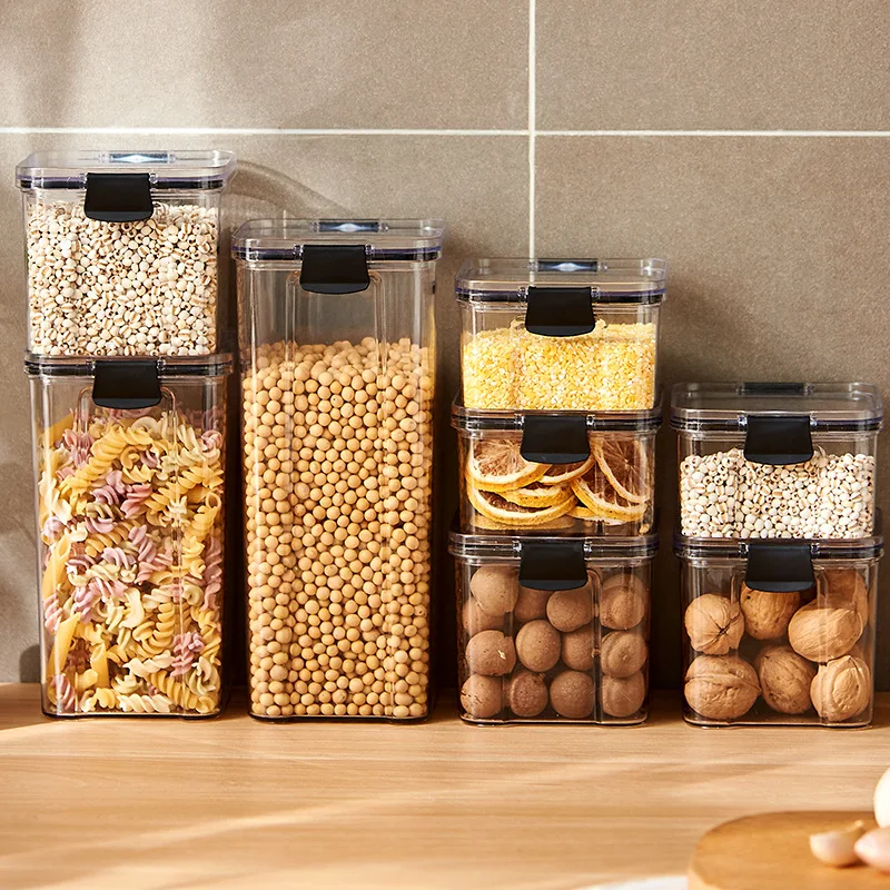 Lufttæt plastikbeholdersæt til opbevaring i køkkenet, store fugttætte beholdere til korn, krydderier og spisekammerorganisatorer