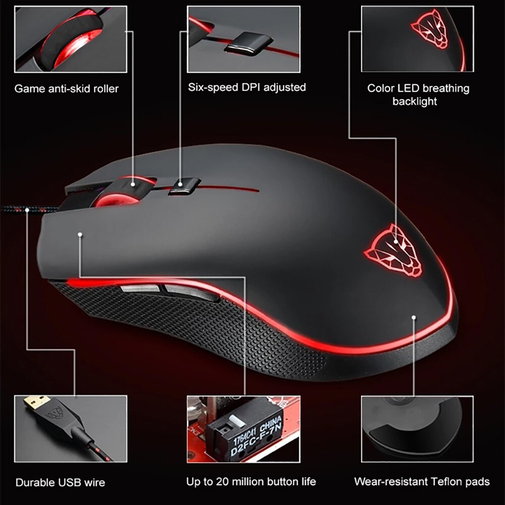 Motospeed V40 Gaming Mouse 4000DPI 6 Buttons USB Wired Optical LED Breathe Backlit Programmable Gamer Mice For Mini PC Laptop