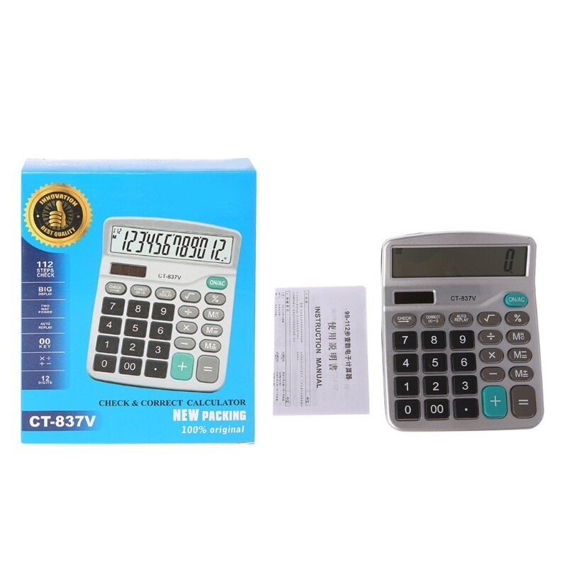 12-Digit Electronic Calculator Battery Solar Powered LCD Large Display CT-837V 28GE