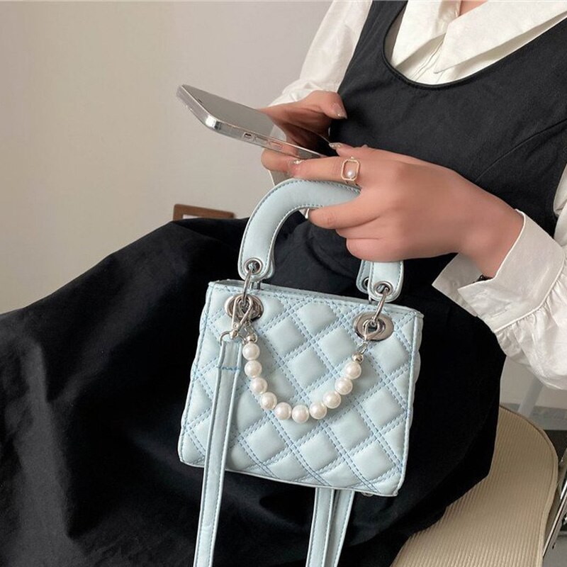 Vrouwen Fee Parel Handtas Koreaanse Schouder Messenger Bags Mini Mode Diamant Rooster Vierkante Cellpphone Zak Zomer Zoete Stijl: blue