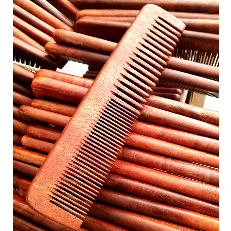 Peine de madera de sándalo 2 en 1 para hombre, combinación de dientes finos gruesos y anchos, herramienta de estilismo de peluquería de cabeza Vintage portátil