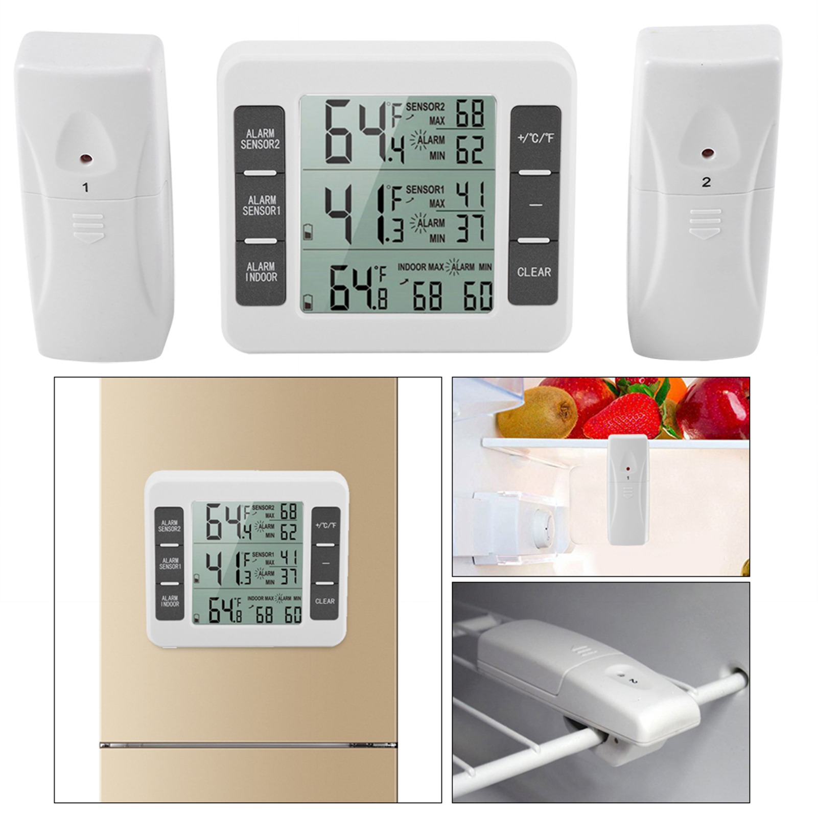 Wireless Digital Audible Alarm Refrigerator Thermometer with 2PCS Sensor Min/Maximum Display Wireless Therometer