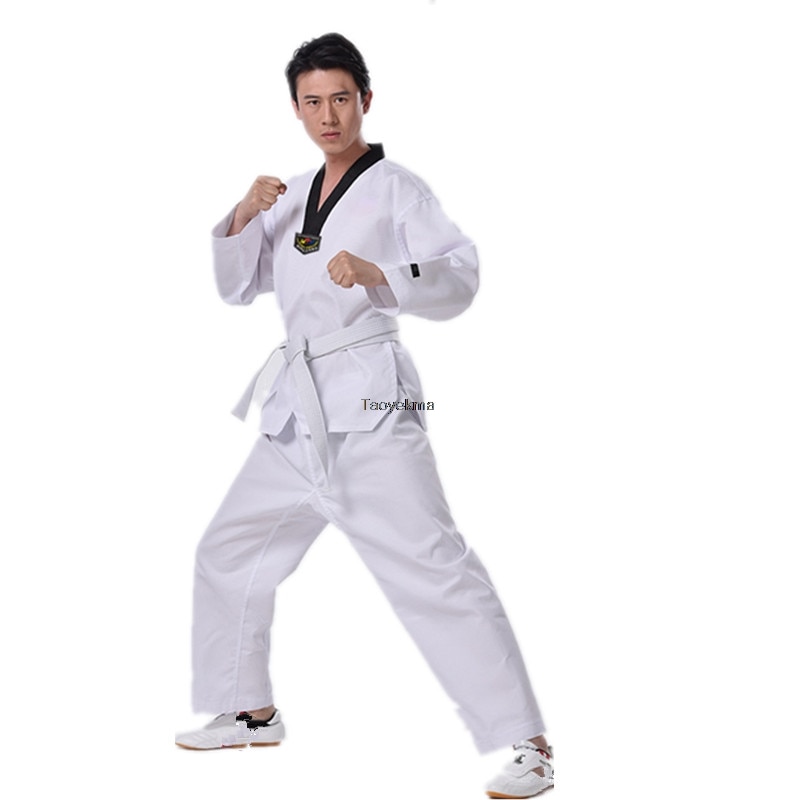 Hvit taekwondo uniform barn voksen taekwondo dress dobok wtf karate uniform klær lange ermer fitness trening  t22